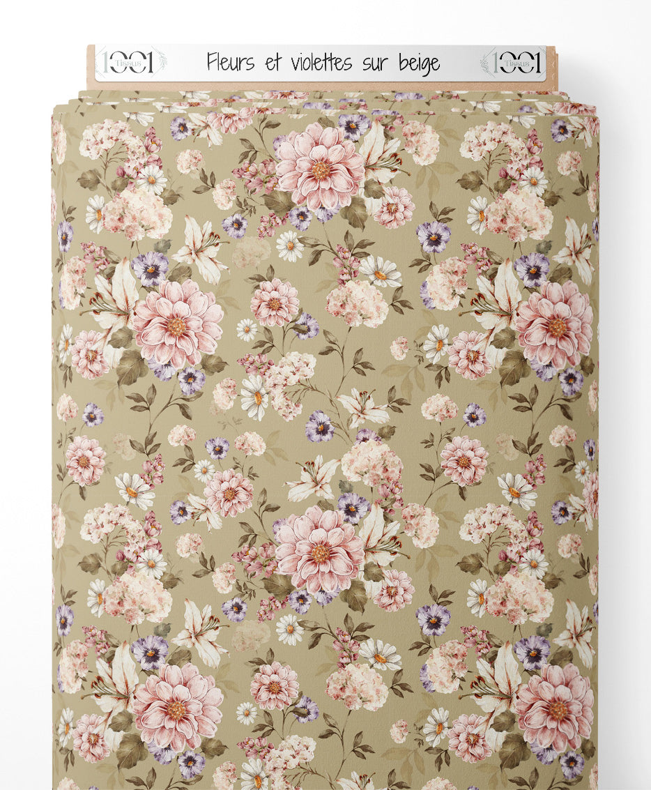 Tissu - Fleurs et violettes sur beige