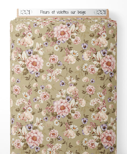 Tissu - Fleurs et violettes sur beige