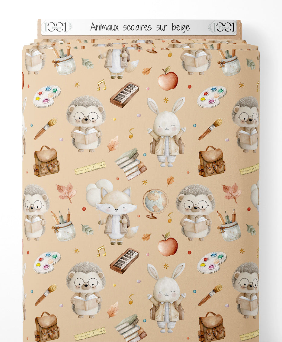 Tissu - Animaux scolaires sur beige