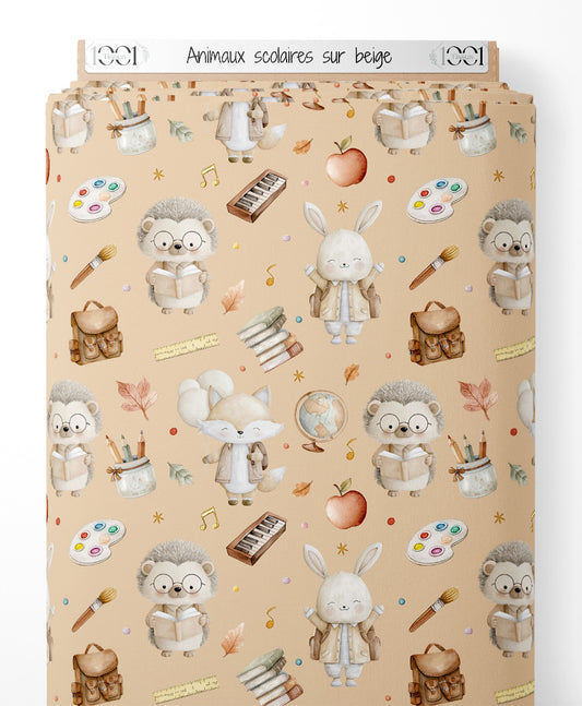Tissu - Animaux scolaires sur beige