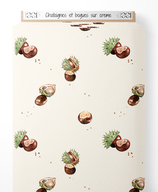 Tissu - Châtaignes et bogues sur crème