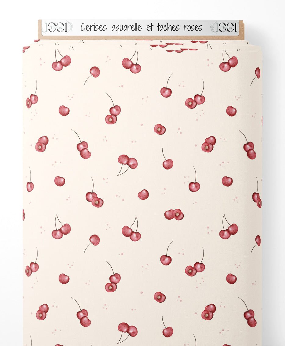 Tissu - Cerises aquarelle et taches roses