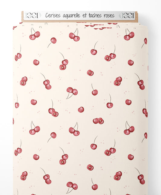 Tissu - Cerises aquarelle et taches roses