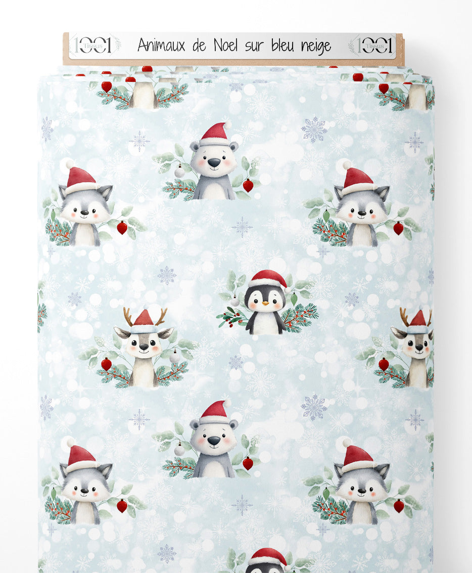 Tissu - Animaux de Noël sur bleu neige