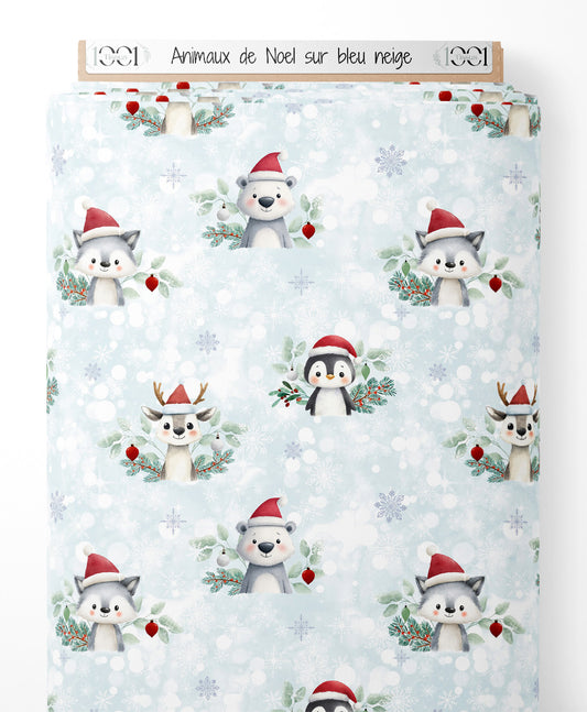 Tissu - Animaux de Noël sur bleu neige