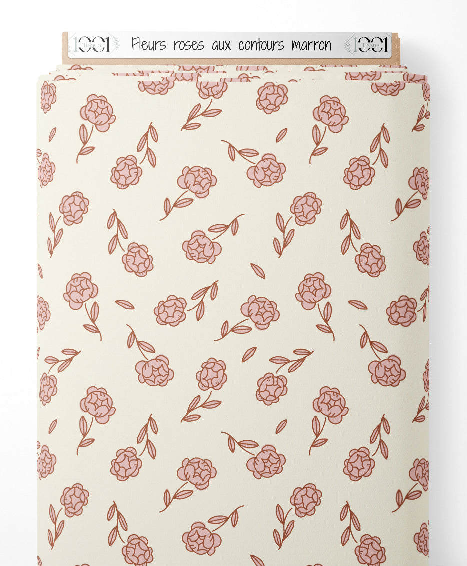 Tissu - Fleurs roses aux contours marron