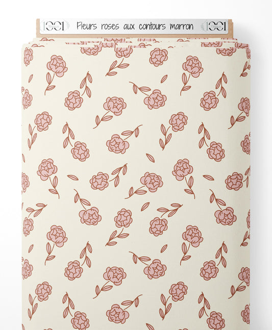 Tissu - Fleurs roses aux contours marron