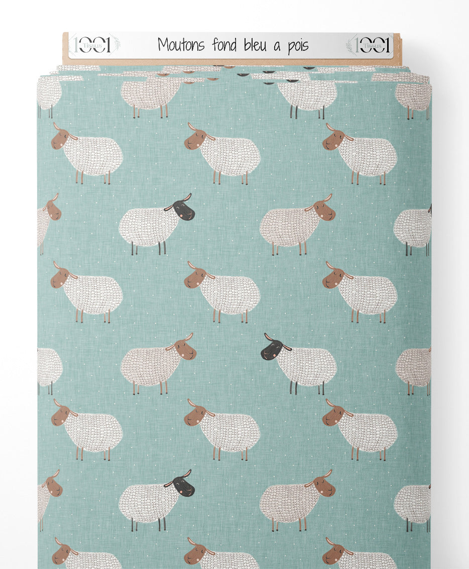Tissu - Moutons sur fond bleu à pois