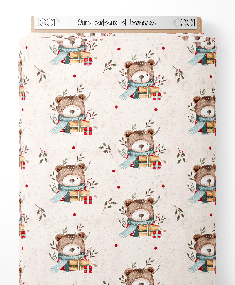 Tissu - Ours cadeaux et branches
