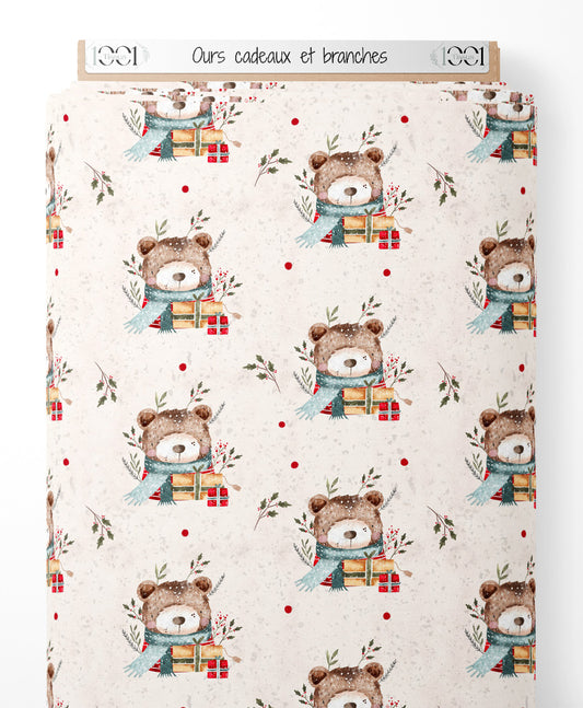 Tissu - Ours cadeaux et branches