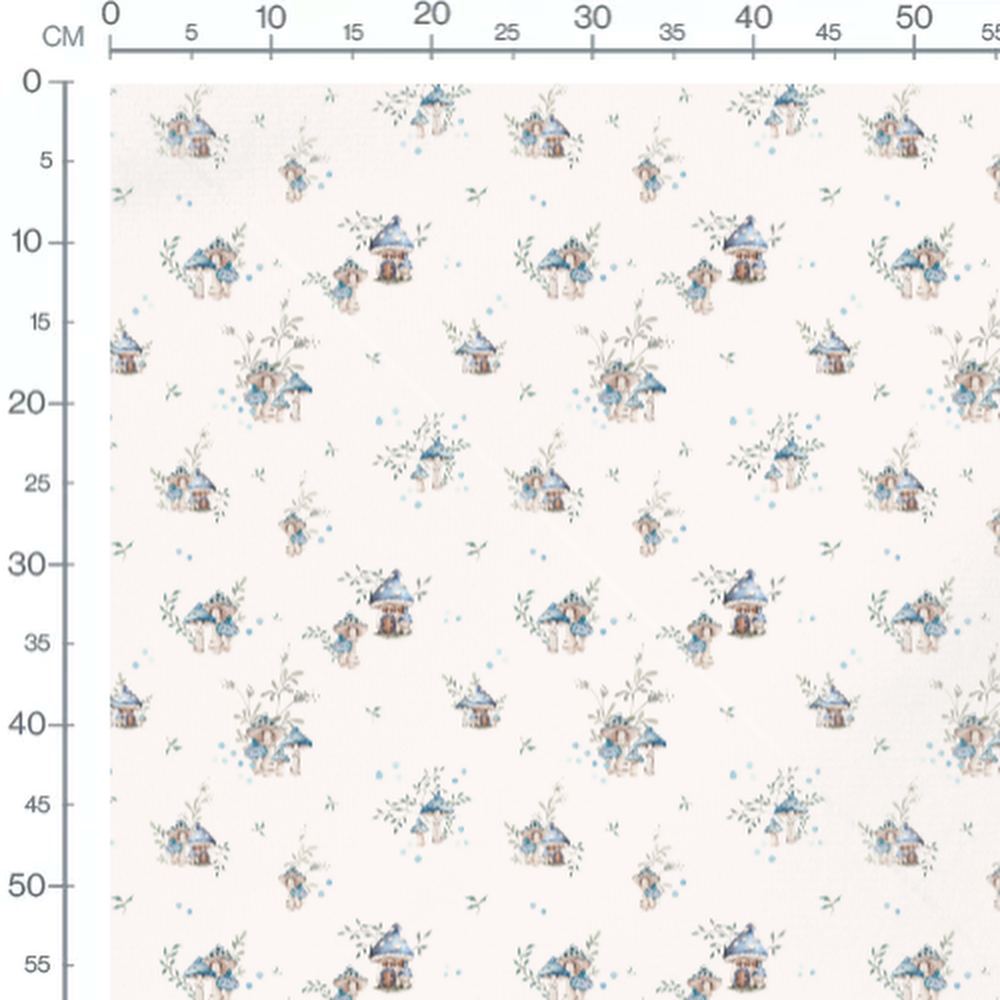 Tissu - Champignons et maisonnettes bleues