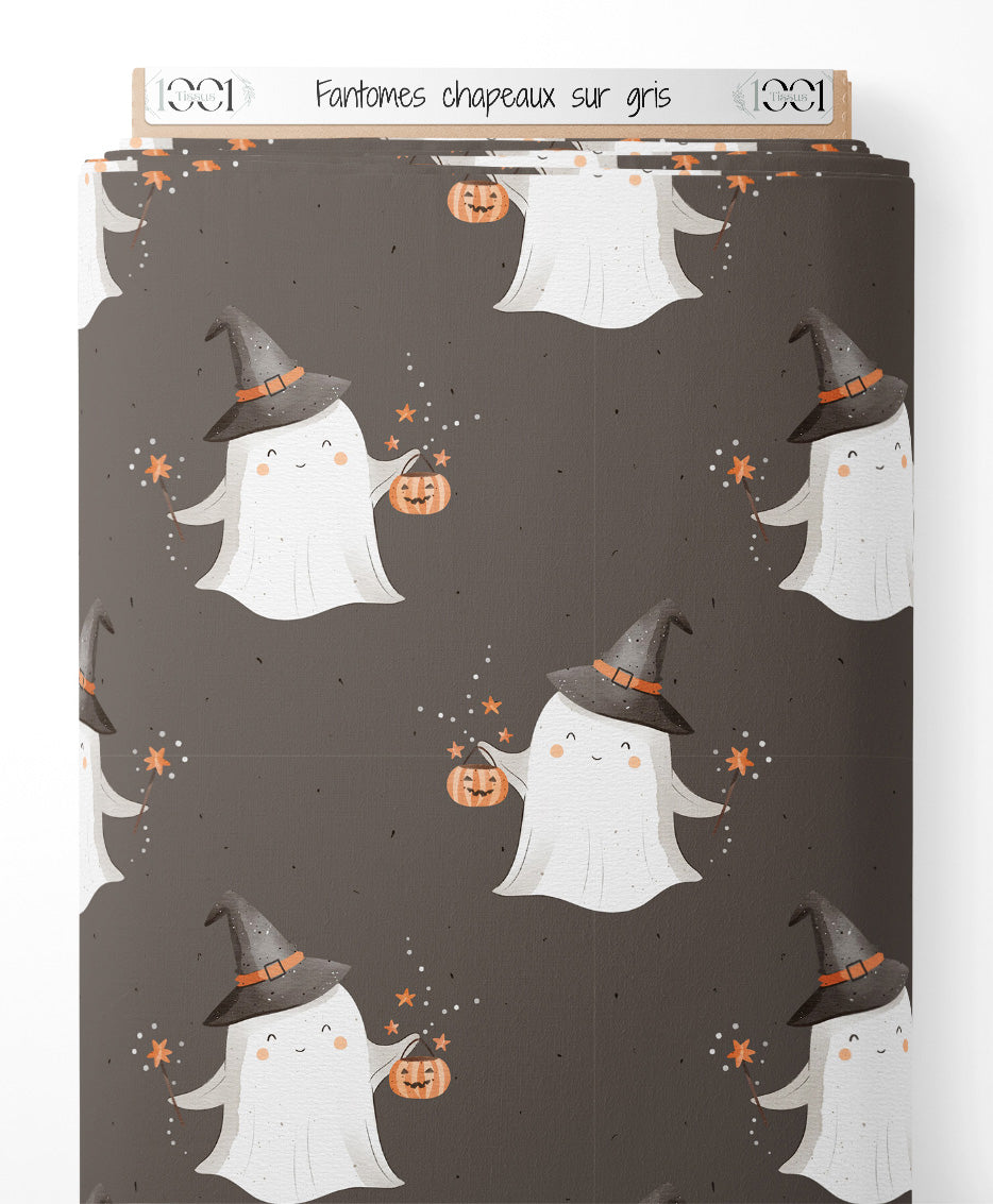 Tissu - Fantômes chapeaux sur gris