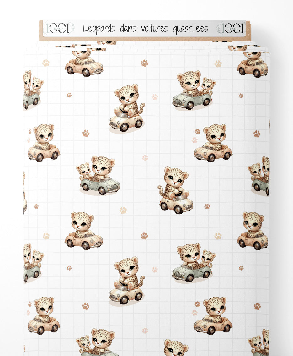 Tissu - Léopards dans voitures quadrillées