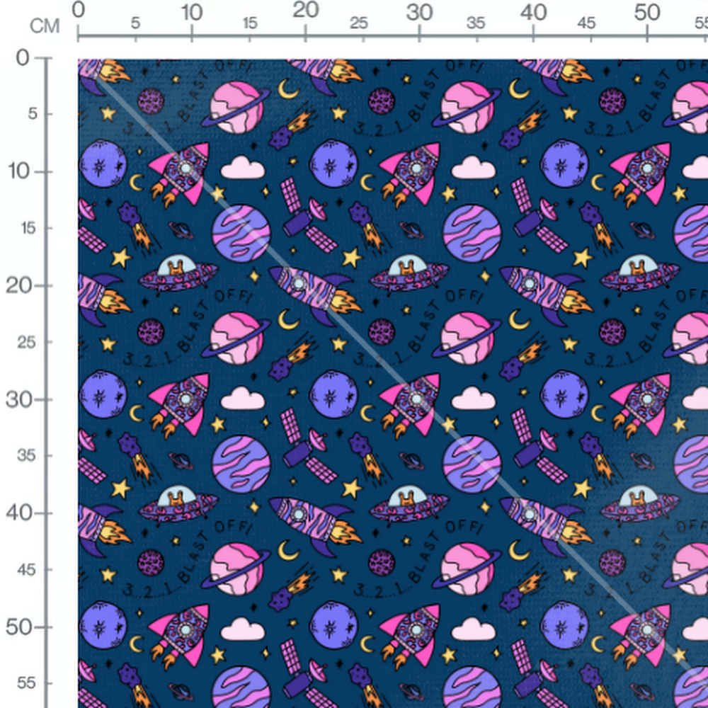 Tissu - Fusées et planètes bleues