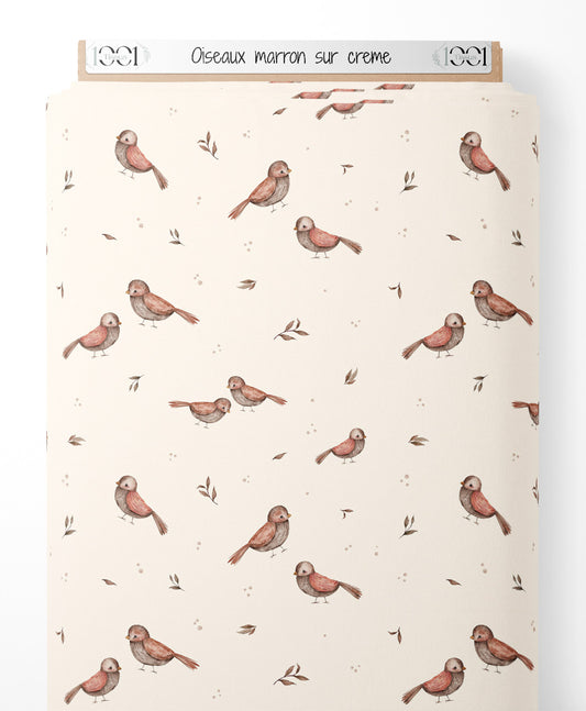 Tissu - Oiseaux marron sur crème