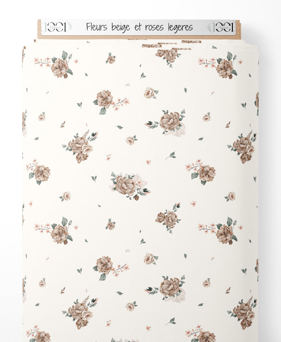 Tissu - Fleurs beige et roses légères