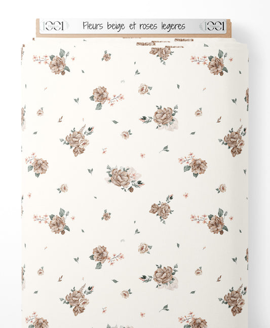 Tissu - Fleurs beige et roses légères