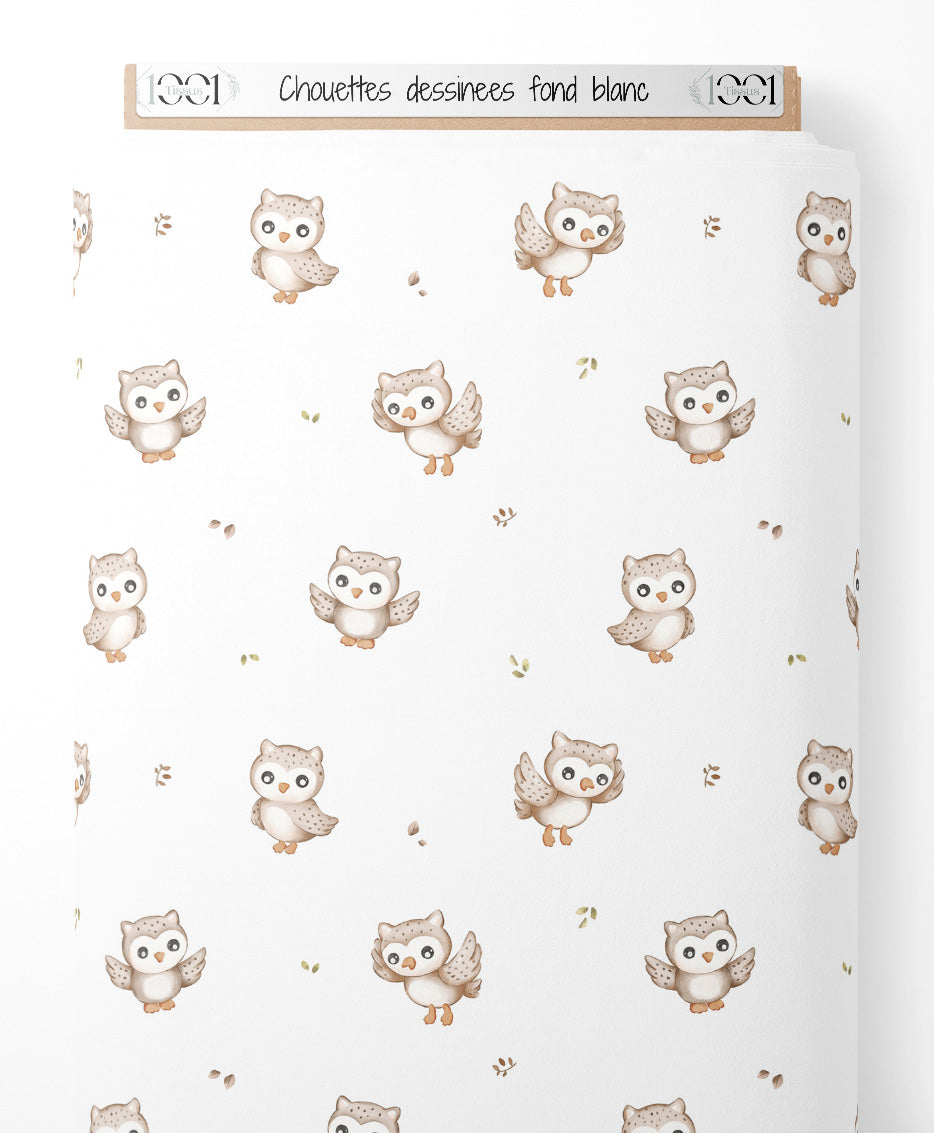 Tissu - Chouettes dessinées fond blanc