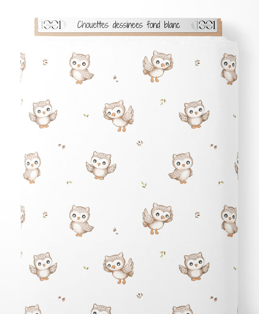 Tissu - Chouettes dessinées fond blanc