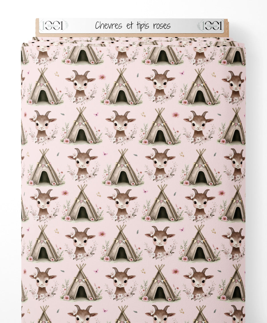 Tissu - Chèvres et tipis roses