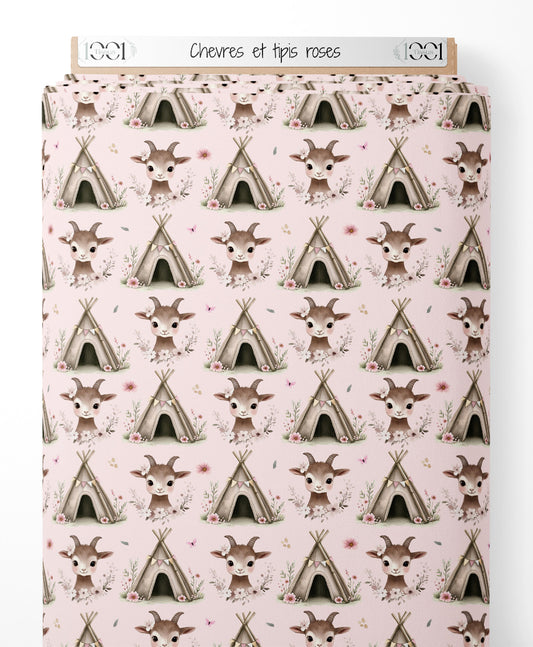 Tissu - Chèvres et tipis roses