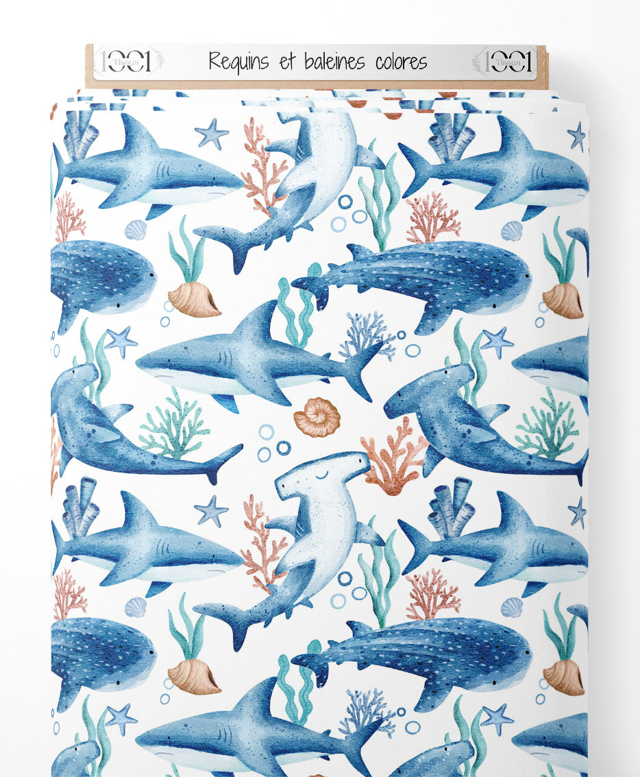 Tissu - Requins et baleines colorés