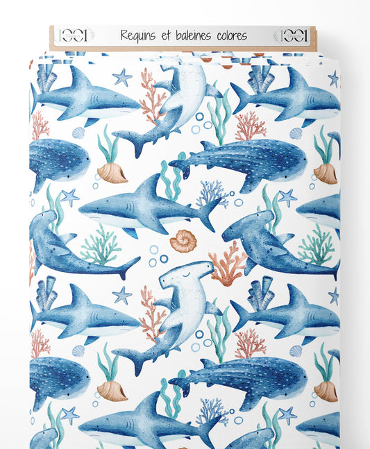 Tissu - Requins et baleines colorés