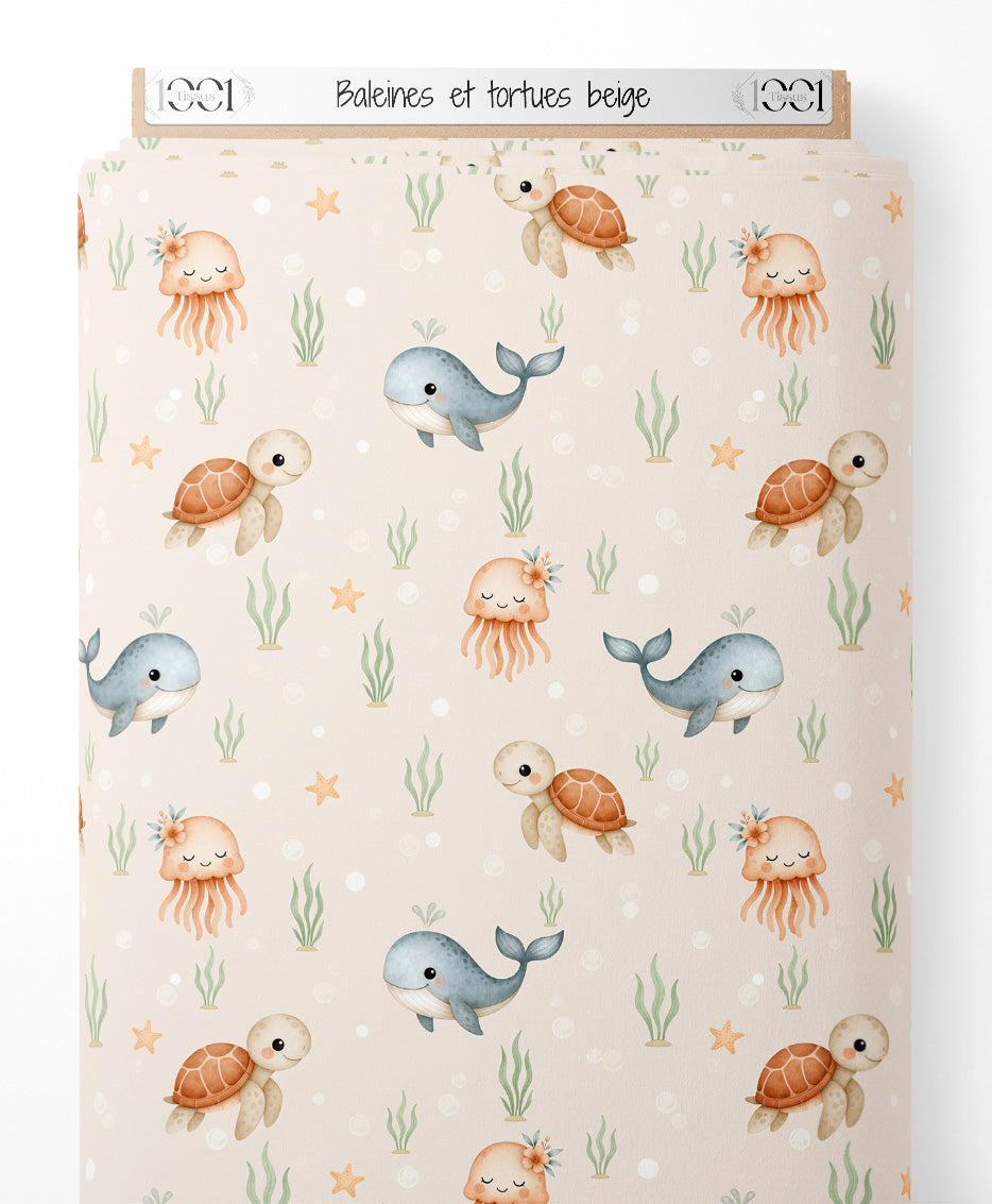 Tissu - Baleines et tortues beige