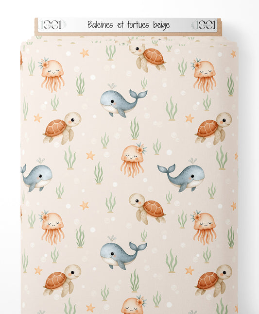Tissu - Baleines et tortues beige