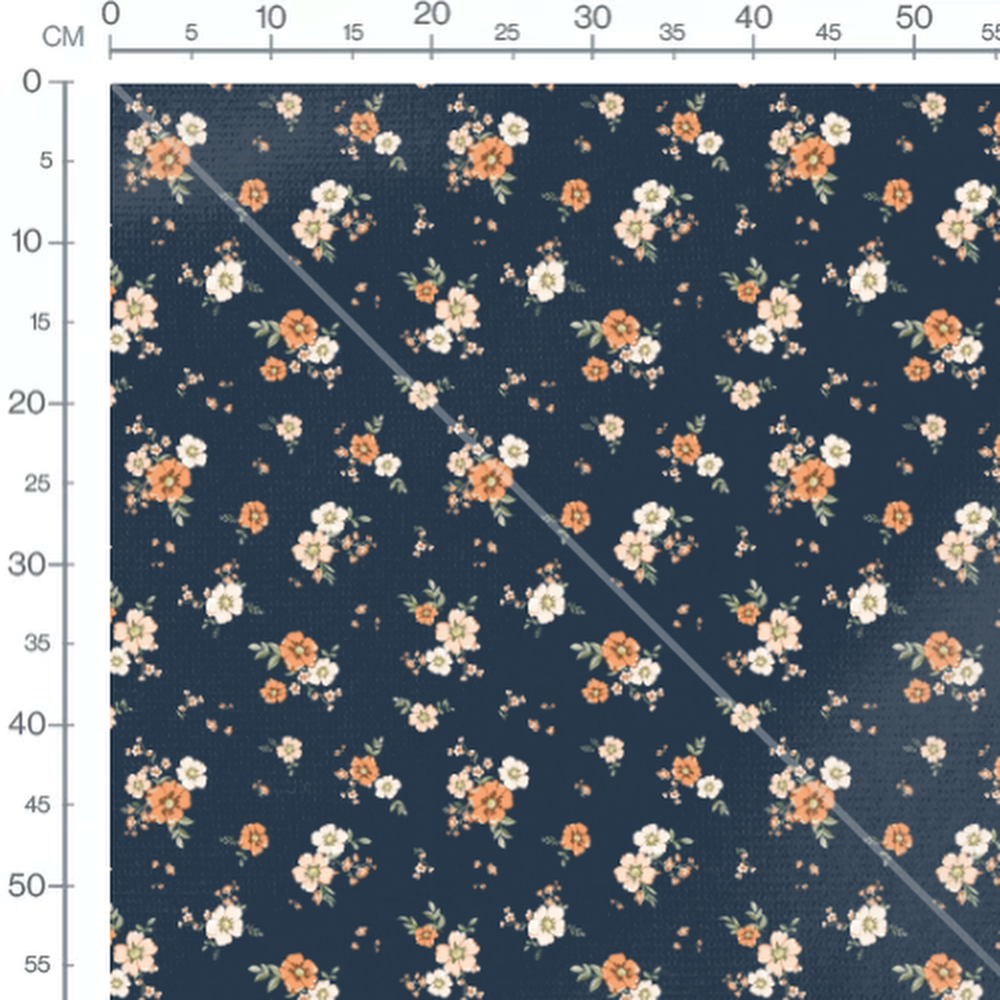 Tissu - Fleurs orange et blanches marine