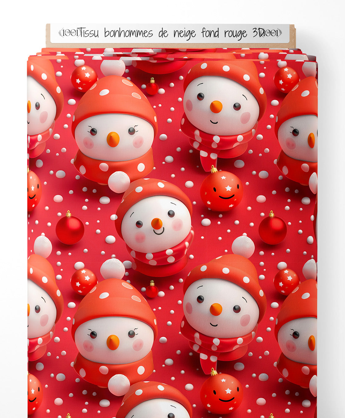 Tissu - bonhommes de neige fond rouge 3D