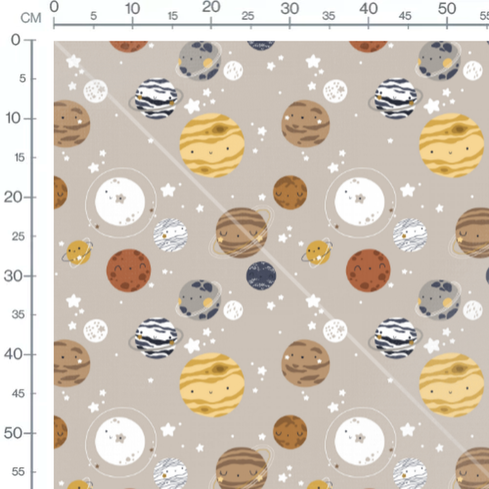 Tissu - Planètes souriantes sur fond beige