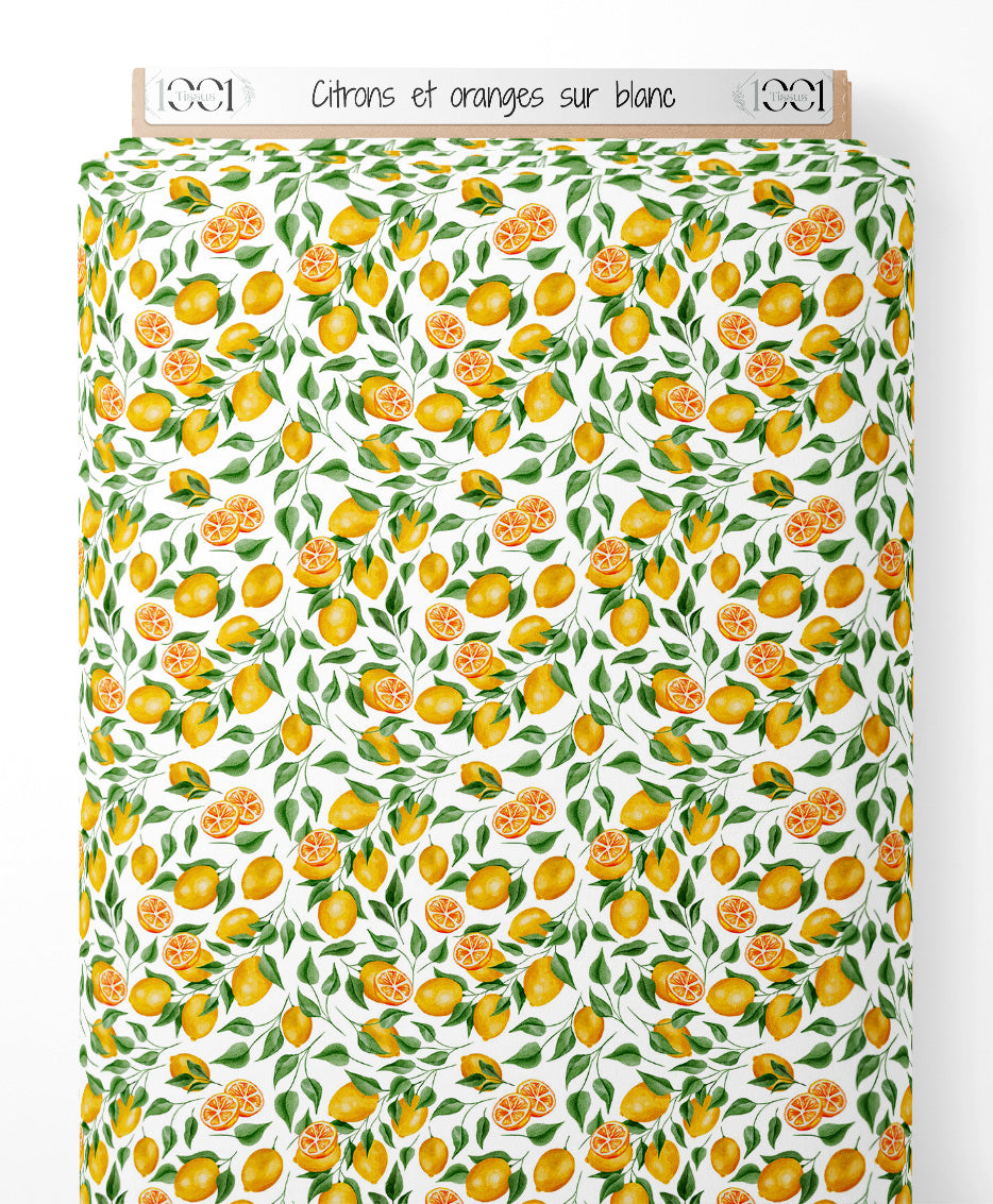 Tissu - Citrons et oranges sur blanc