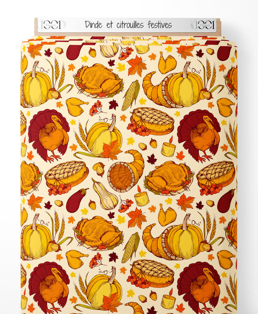 Tissu - Dinde et citrouilles festives