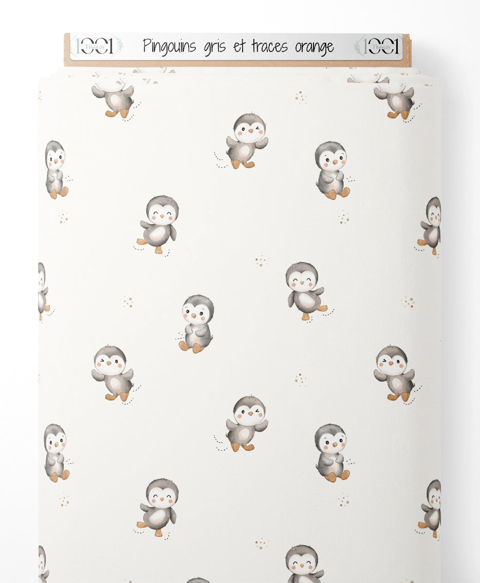 Tissu - Pingouins gris et traces orange