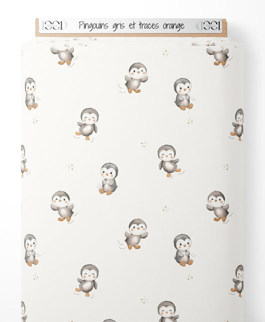 Tissu - Pingouins gris et traces orange