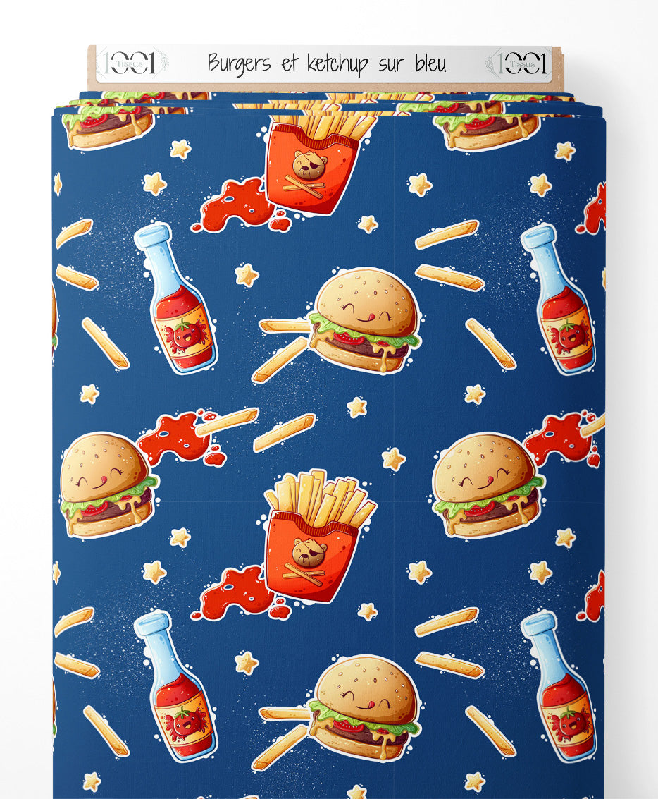 Tissu - Burgers et ketchup sur bleu