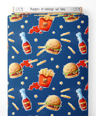 Tissu - Burgers et ketchup sur bleu