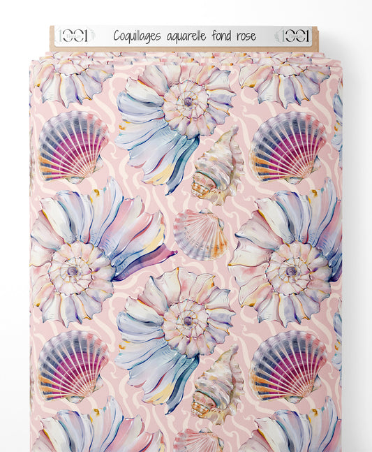 Tissu - Coquillages aquarelle fond rose