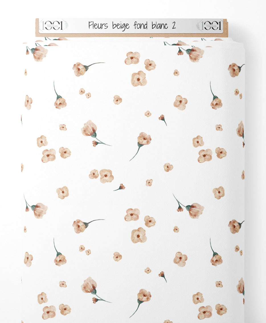 Tissu - Fleurs beige sur fond blanc 2