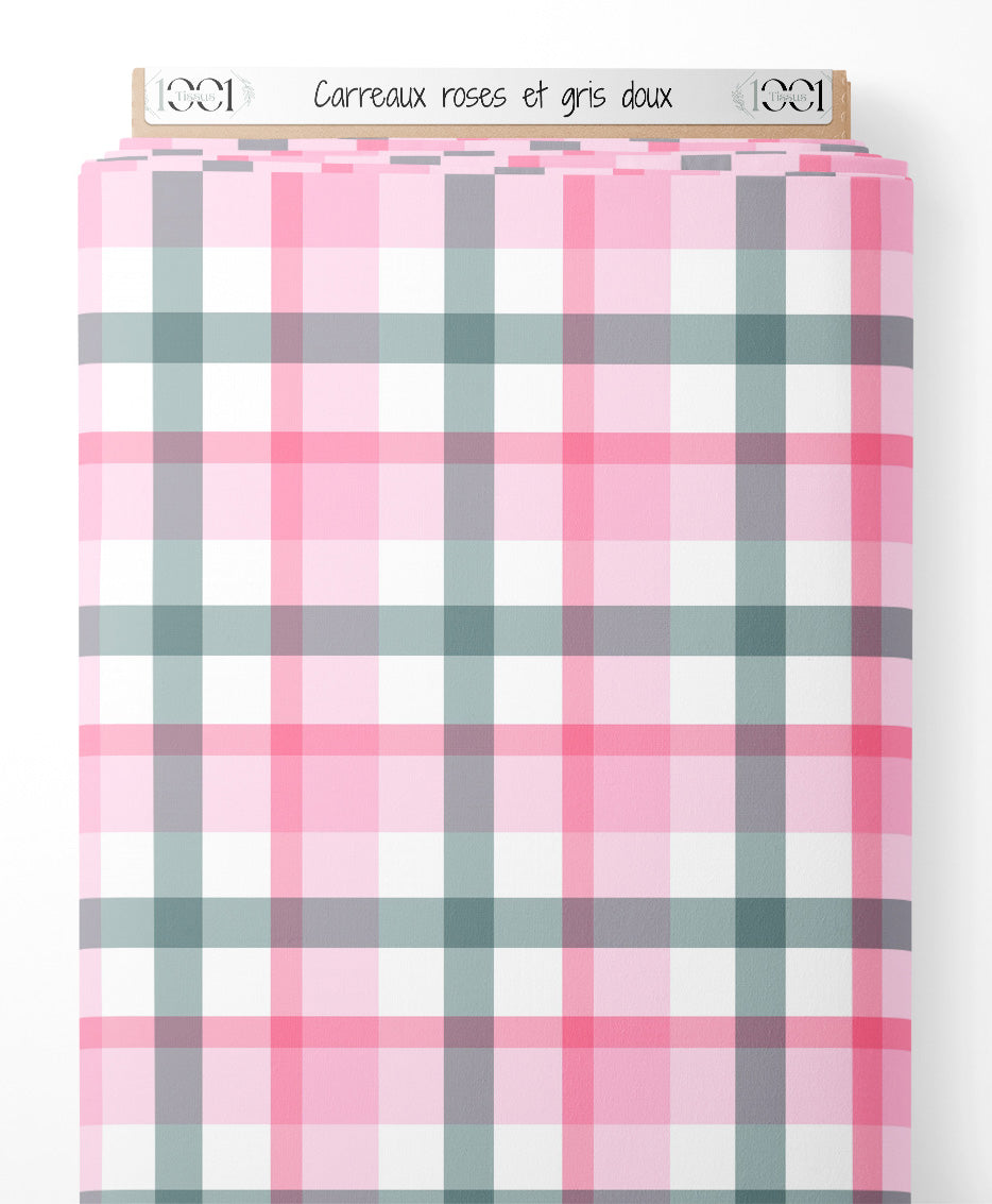 Tissu - Carreaux roses et gris doux
