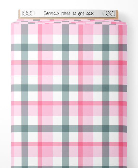 Tissu - Carreaux roses et gris doux