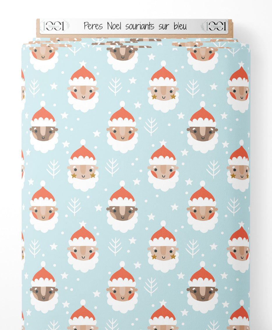 Tissu - Pères Noël souriants sur bleu