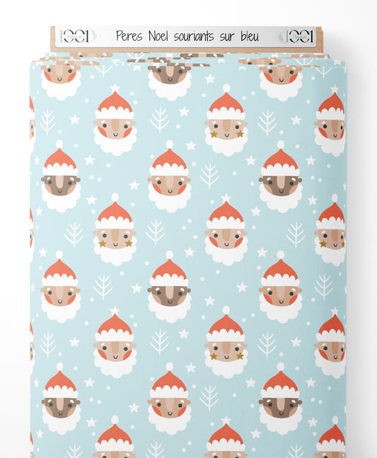 Tissu - Pères Noël souriants sur bleu