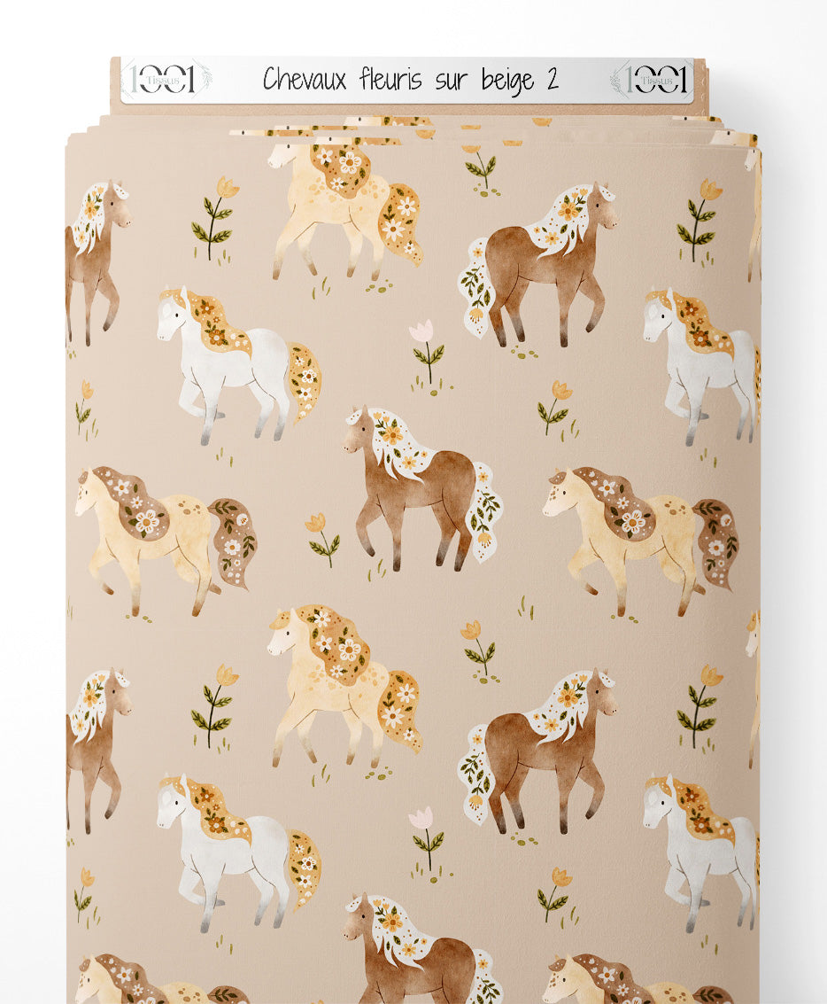 Tissu - Chevaux fleuris sur beige 2