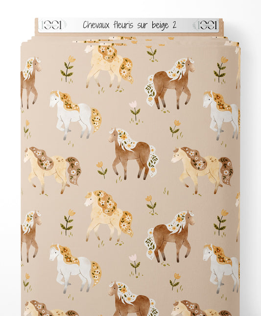 Tissu - Chevaux fleuris sur beige 2