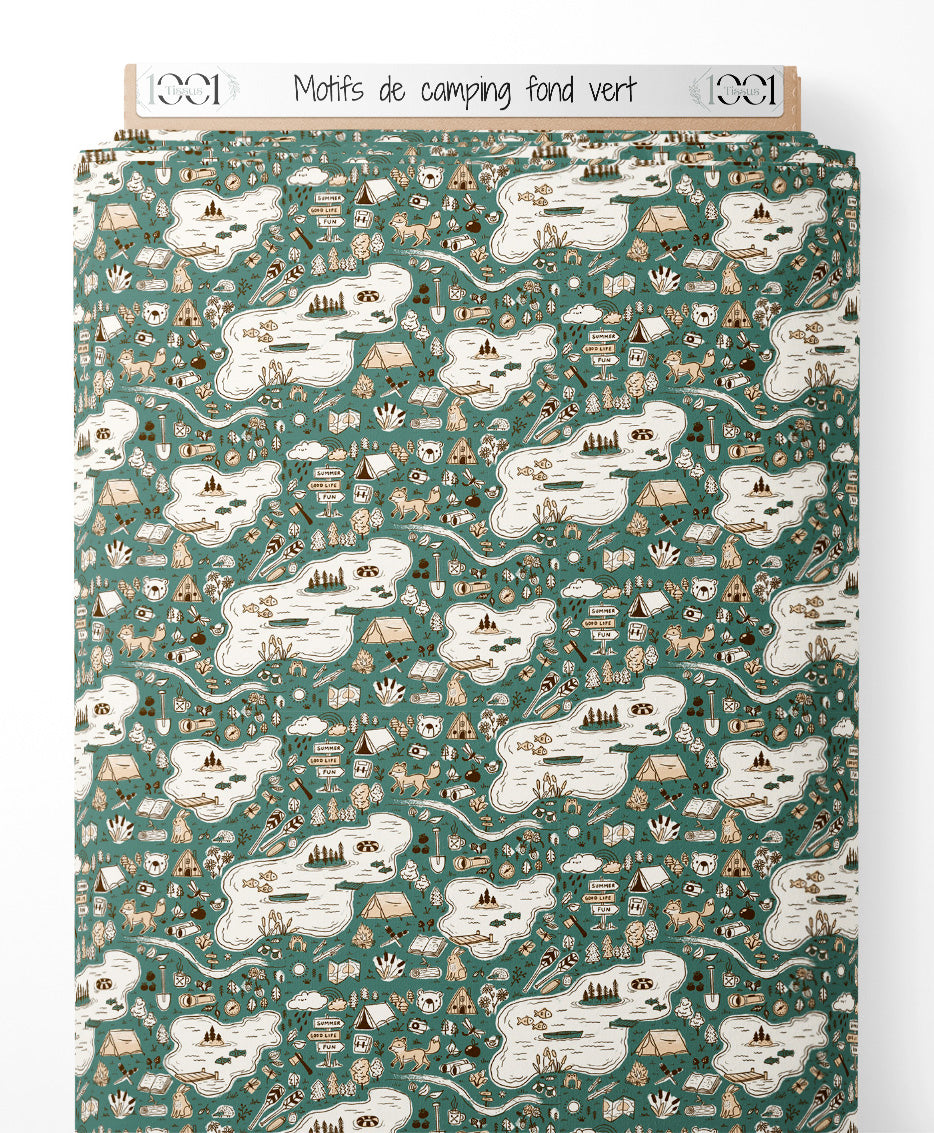 Tissu - Motifs de camping sur fond vert