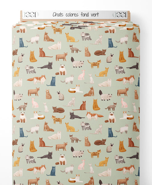 Tissu - Chats colorés sur fond vert