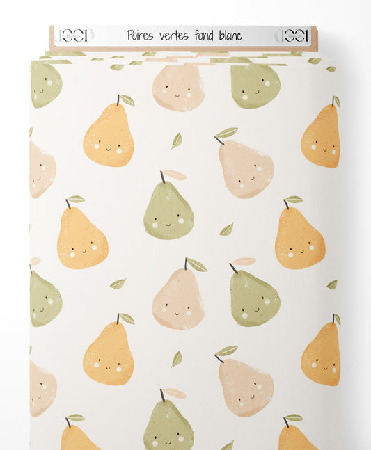 Tissu - Poires vertes sur fond blanc