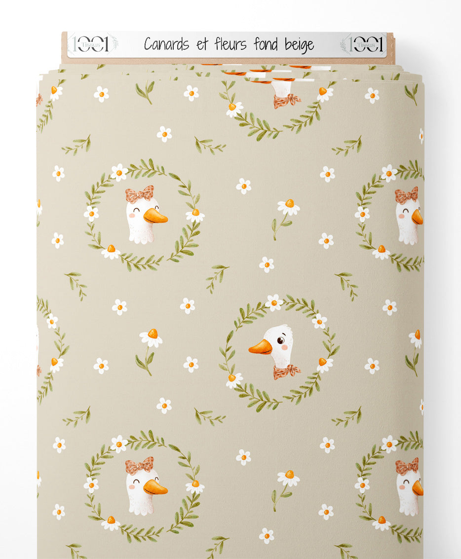Tissu - Canards et fleurs sur fond beige